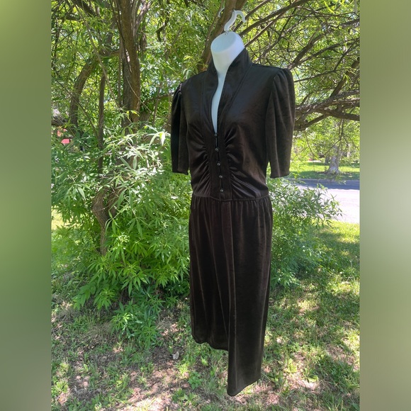 Velvet size S mid-length tie dress with buttons - Picture 2 of 10